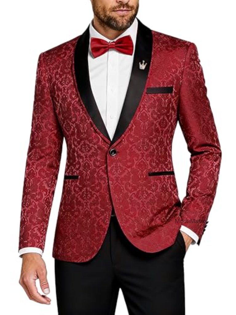 Men's Floral Tuxedo Jacket, Slim Fit Paisley Blazer Shawl Lapel With Bow Tie